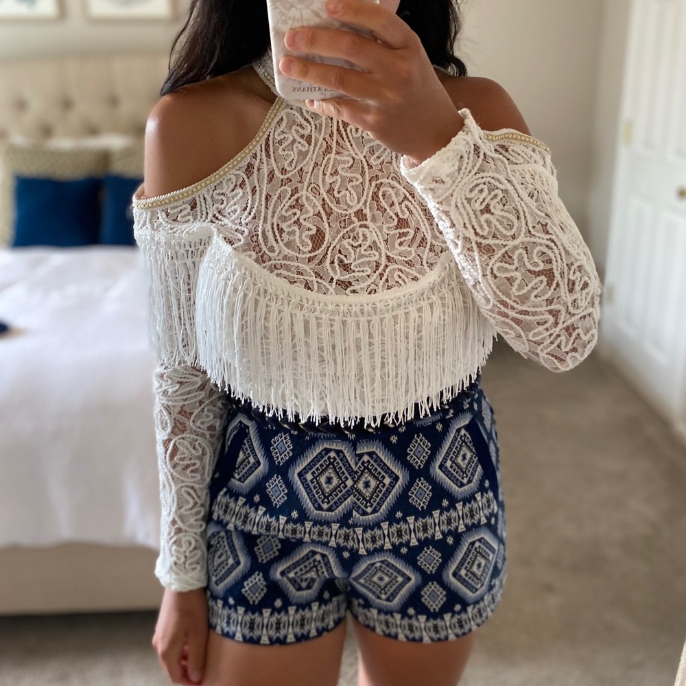 Boohoo premium cold shoulder fringe top